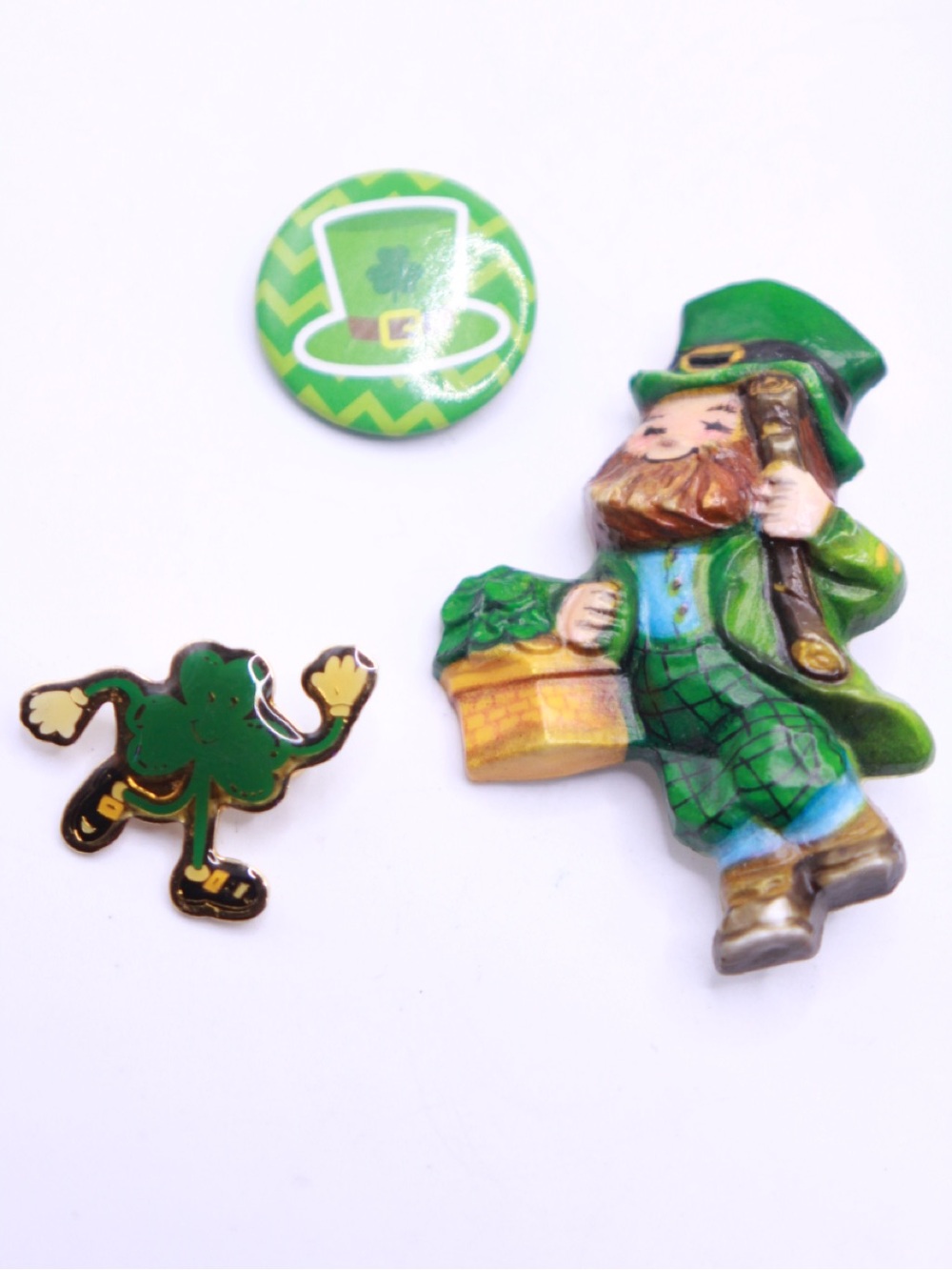 St. Patrick's Day Leprechaun & Shamrock Pin Lot - Green